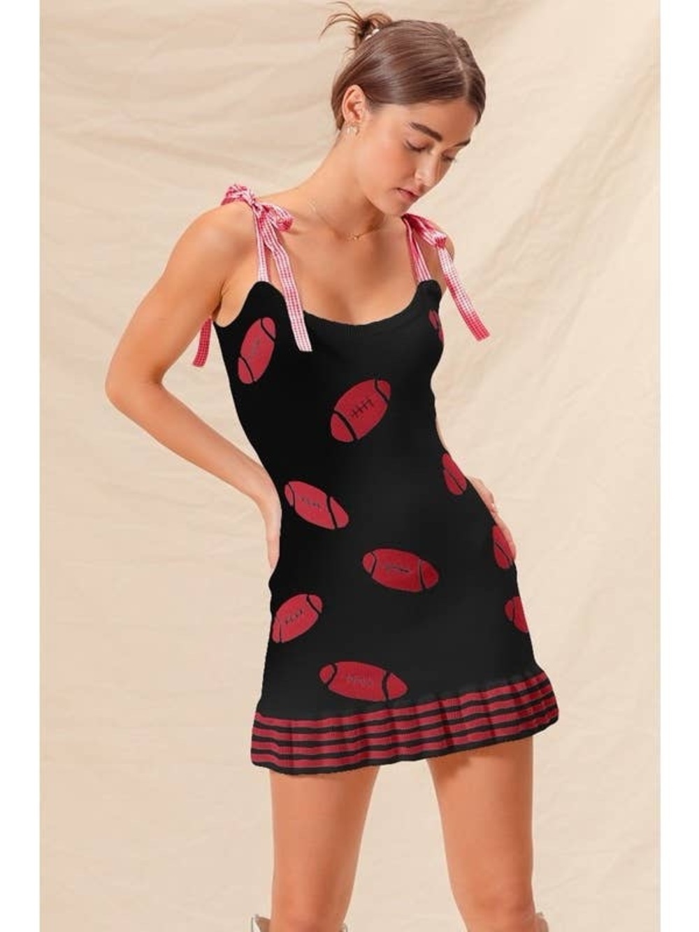 Game Day Football Knit Mini Dress - Size S | Gingham Tie Straps Ruffle Hem